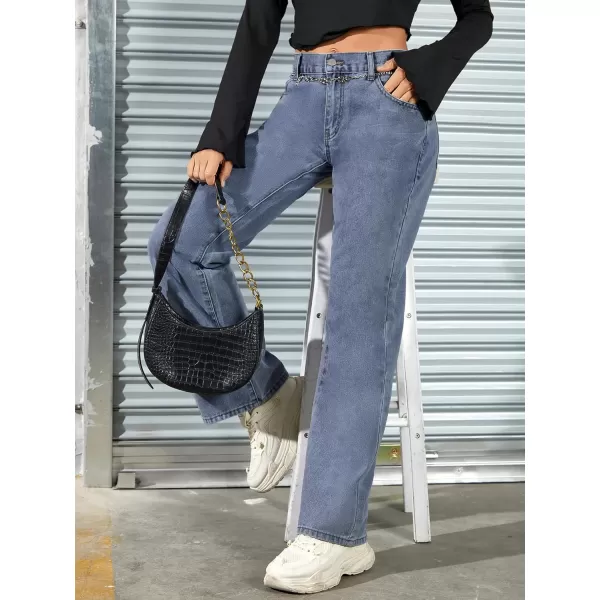 SweatyRocks Women's Casual Low Rise Wide Leg Jeans Chain Straight Leg Denim Pants with Pockets