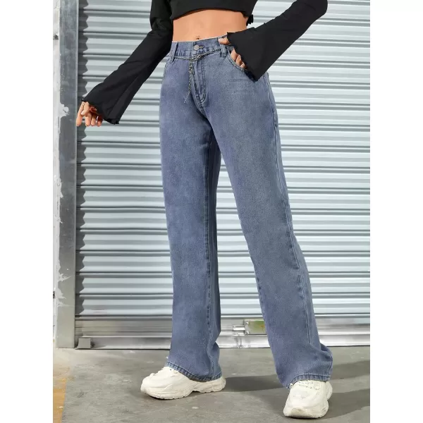 SweatyRocks Women's Casual Low Rise Wide Leg Jeans Chain Straight Leg Denim Pants with Pockets