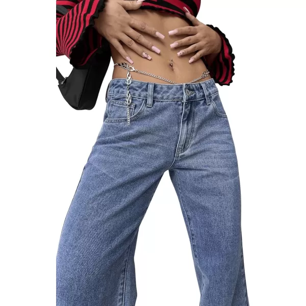 SweatyRocks Women's Casual Low Rise Wide Leg Jeans Chain Straight Leg Denim Pants with Pockets