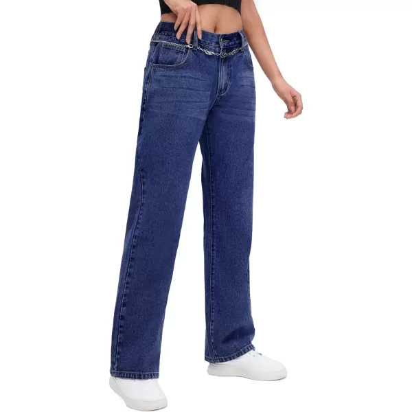 SweatyRocks Women's Casual Low Rise Wide Leg Jeans Chain Straight Leg Denim Pants with Pockets