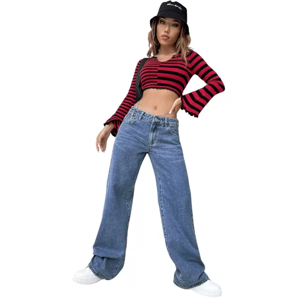 SweatyRocks Women's Casual Low Rise Wide Leg Jeans Chain Straight Leg Denim Pants with Pockets
