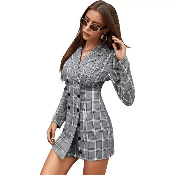 SweatyRocks Women's Casual Puff Sleeve Lapel Button Front Plaid Blazer Dress