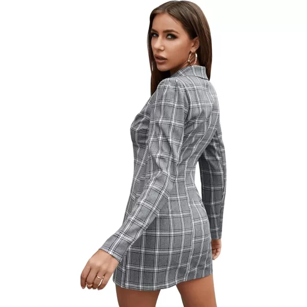 SweatyRocks Women's Casual Puff Sleeve Lapel Button Front Plaid Blazer Dress