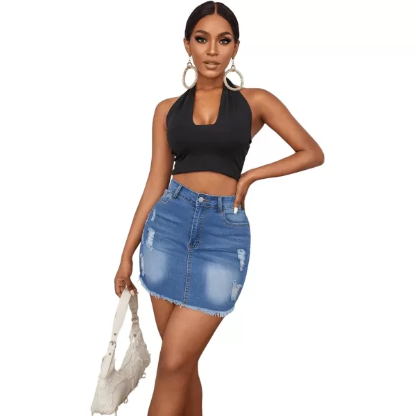 SweatyRocks Women's Casual Ripped Jean Skirt High Waist Raw Hem Mini Denim Skirts