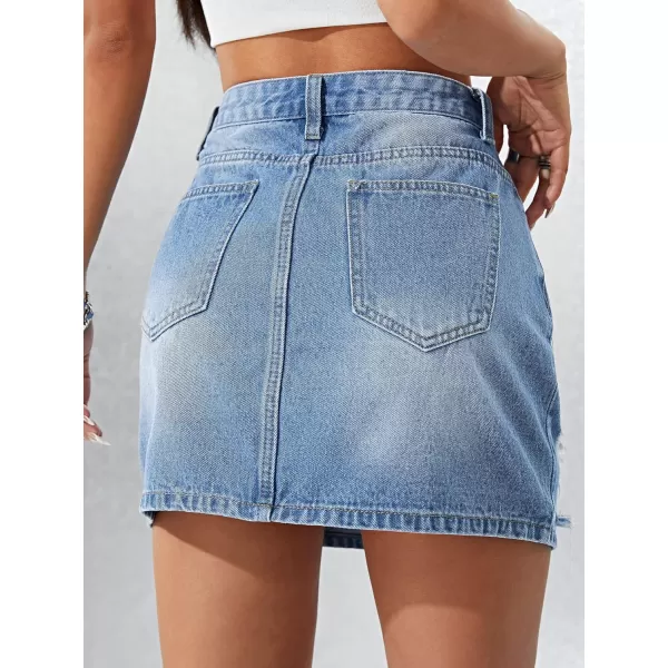 SweatyRocks Women's Casual Ripped Jean Skirt High Waist Raw Hem Mini Denim Skirts