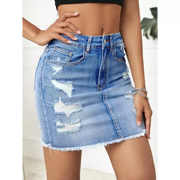 SweatyRocks Women's Casual Ripped Jean Skirt High Waist Raw Hem Mini Denim Skirts