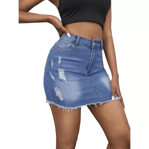 SweatyRocks Women's Casual Ripped Jean Skirt High Waist Raw Hem Mini Denim Skirts