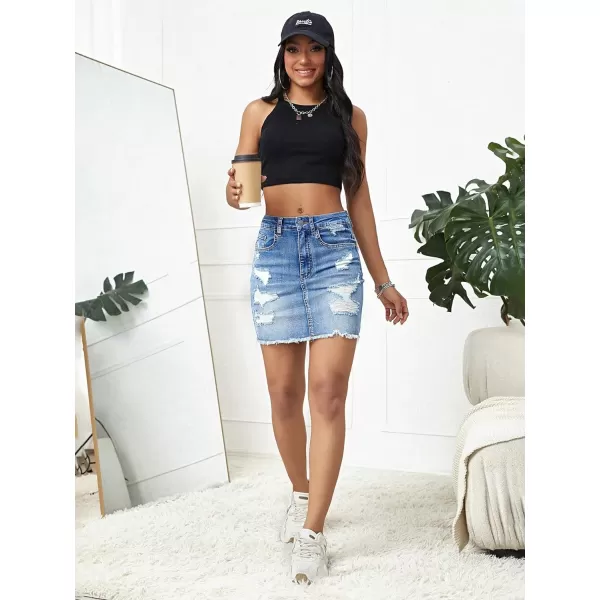 SweatyRocks Women's Casual Ripped Jean Skirt High Waist Raw Hem Mini Denim Skirts