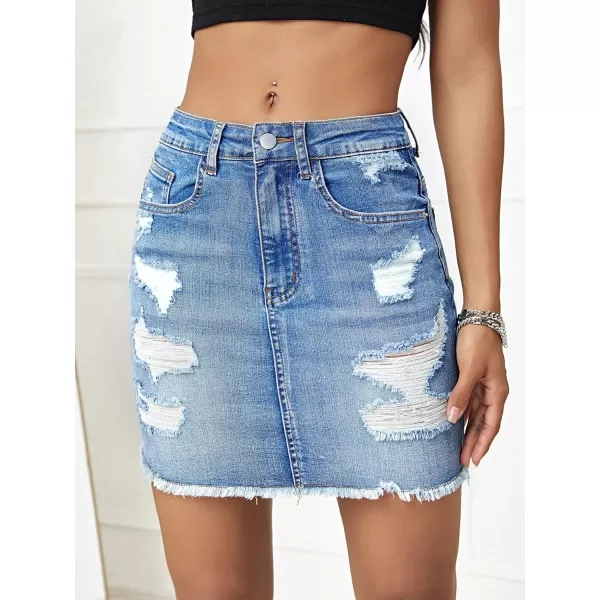 SweatyRocks Women's Casual Ripped Jean Skirt High Waist Raw Hem Mini Denim Skirts