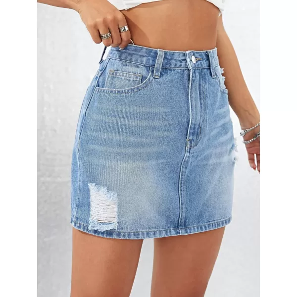 SweatyRocks Women's Casual Ripped Jean Skirt High Waist Raw Hem Mini Denim Skirts