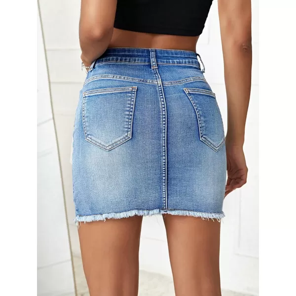 SweatyRocks Women's Casual Ripped Jean Skirt High Waist Raw Hem Mini Denim Skirts