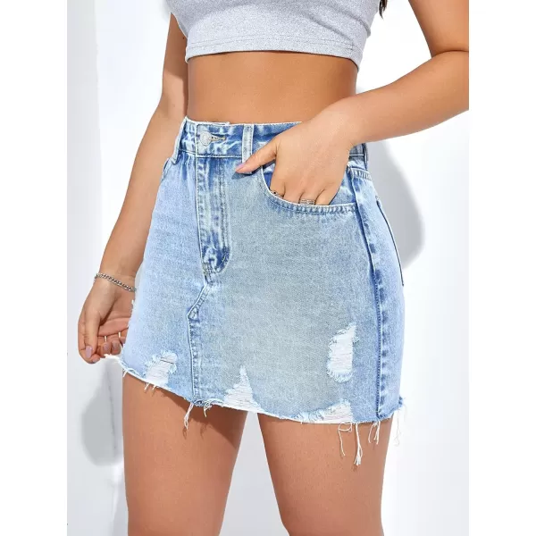 SweatyRocks Women's Casual Ripped Jean Skirt High Waist Raw Hem Mini Denim Skirts