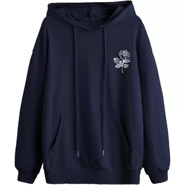 SweatyRocks Women's Casual Rose Print Long Sleeve Pullover Hoodie Sweatshirt Tops