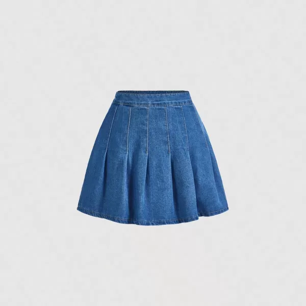 SweatyRocks Women's Casual Ruffle Pleated Denim Skirt Raw Hem Short A Line Jean Skirts