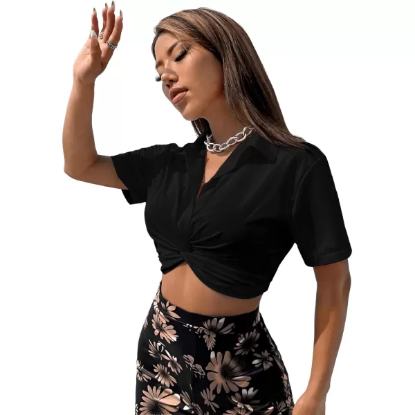 SweatyRocks Women's Casual Short Sleeve Collar Twist Front Button Down Blouse Crop Top