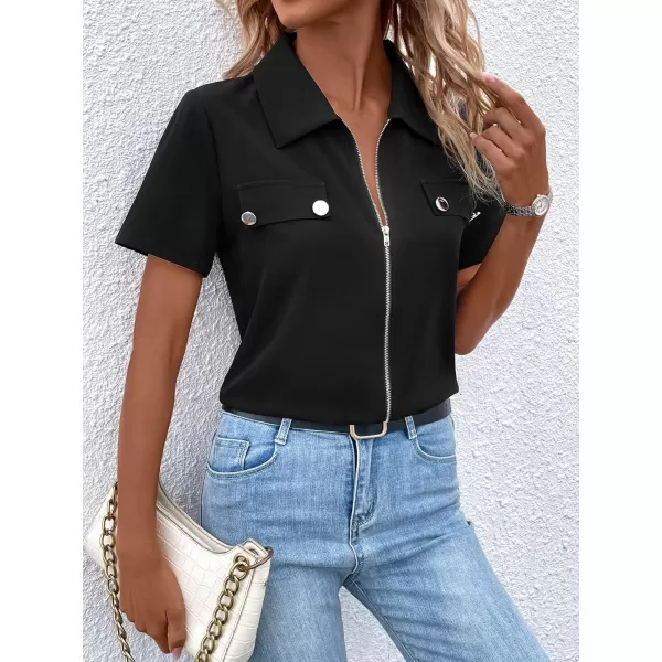 SweatyRocks Women's Casual Short Sleeve Collared Top Button Front Full Zip Up Tee Shirt
