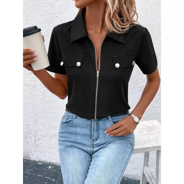 SweatyRocks Women's Casual Short Sleeve Collared Top Button Front Full Zip Up Tee Shirt