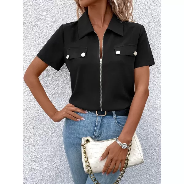 SweatyRocks Women's Casual Short Sleeve Collared Top Button Front Full Zip Up Tee Shirt