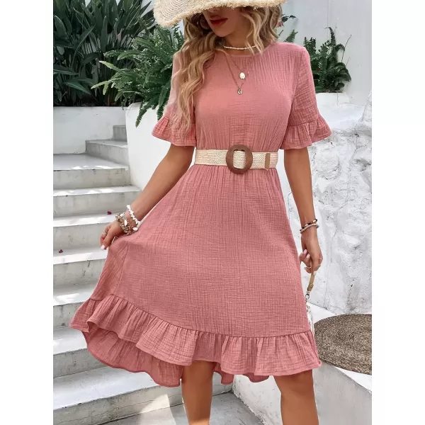 SweatyRocks Women's Casual Short Sleeve Ruffle Hem Dress Round Neck High Waist A Line Midi Dresses