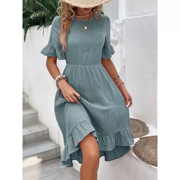 SweatyRocks Women's Casual Short Sleeve Ruffle Hem Dress Round Neck High Waist A Line Midi Dresses