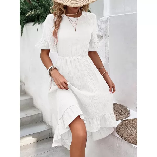 SweatyRocks Women's Casual Short Sleeve Ruffle Hem Dress Round Neck High Waist A Line Midi Dresses