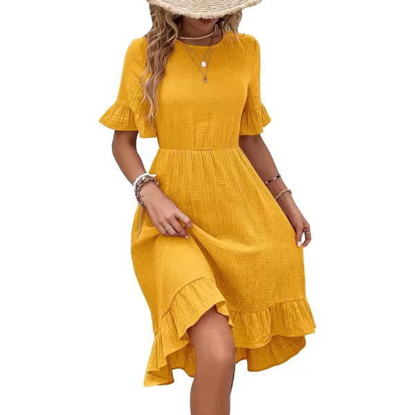 SweatyRocks Women's Casual Short Sleeve Ruffle Hem Dress Round Neck High Waist A Line Midi Dresses
