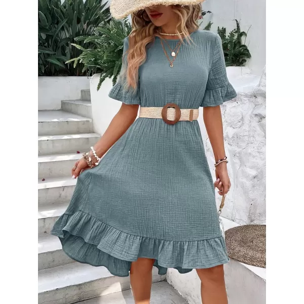 SweatyRocks Women's Casual Short Sleeve Ruffle Hem Dress Round Neck High Waist A Line Midi Dresses