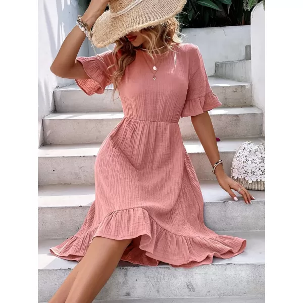 SweatyRocks Women's Casual Short Sleeve Ruffle Hem Dress Round Neck High Waist A Line Midi Dresses