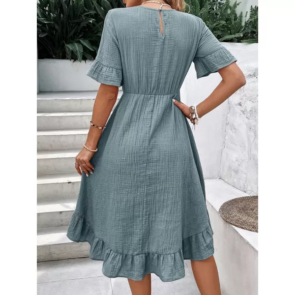 SweatyRocks Women's Casual Short Sleeve Ruffle Hem Dress Round Neck High Waist A Line Midi Dresses