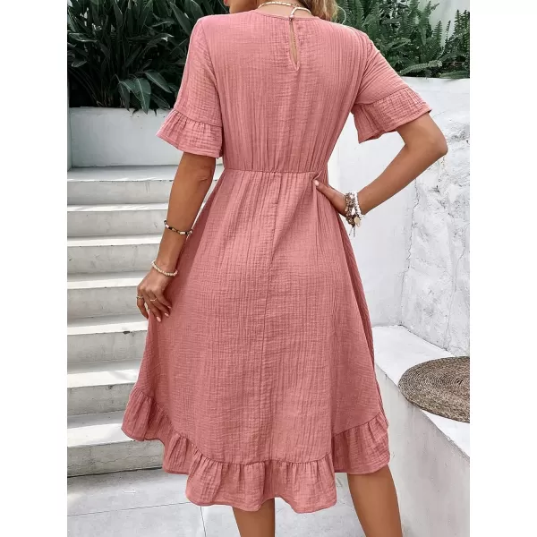 SweatyRocks Women's Casual Short Sleeve Ruffle Hem Dress Round Neck High Waist A Line Midi Dresses