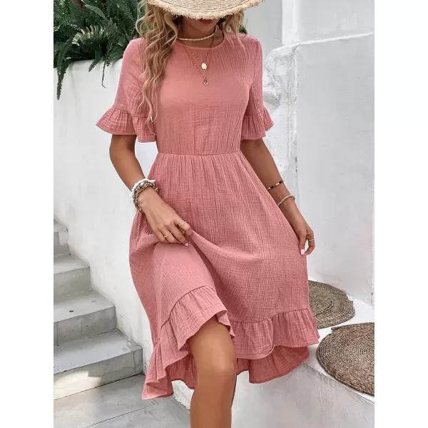 SweatyRocks Women's Casual Short Sleeve Ruffle Hem Dress Round Neck High Waist A Line Midi Dresses