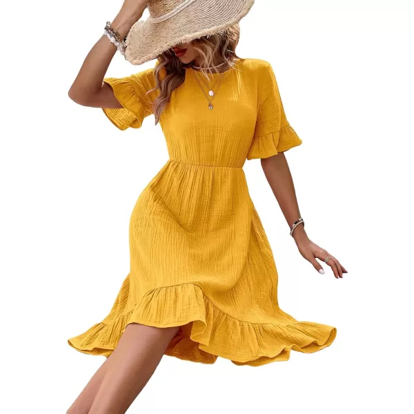 SweatyRocks Women's Casual Short Sleeve Ruffle Hem Dress Round Neck High Waist A Line Midi Dresses