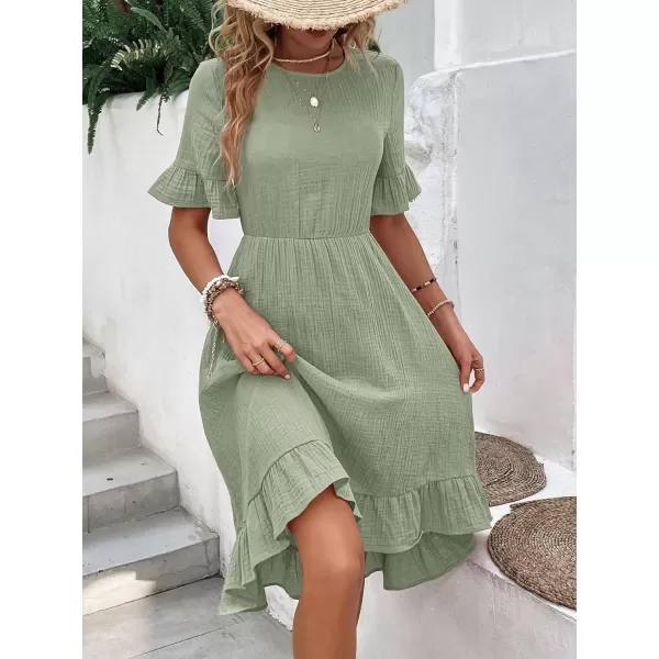 SweatyRocks Women's Casual Short Sleeve Ruffle Hem Dress Round Neck High Waist A Line Midi Dresses