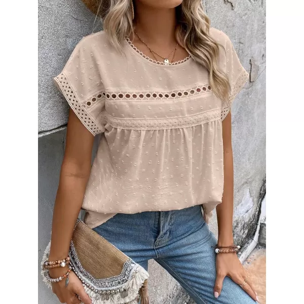 SweatyRocks Women's Casual Short Sleeve Summer Top Round Neck Lace Crochet Blouse Swiss Dots Blouse Tops