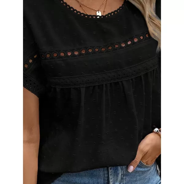 SweatyRocks Women's Casual Short Sleeve Summer Top Round Neck Lace Crochet Blouse Swiss Dots Blouse Tops