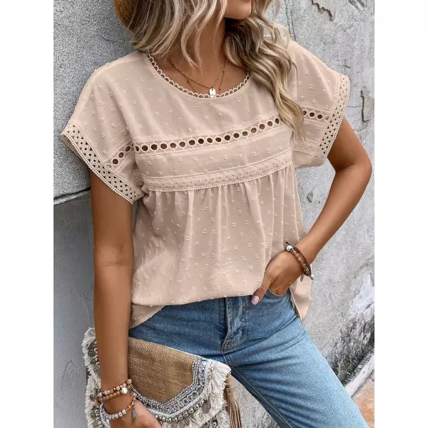 SweatyRocks Women's Casual Short Sleeve Summer Top Round Neck Lace Crochet Blouse Swiss Dots Blouse Tops
