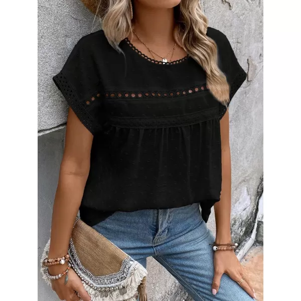 SweatyRocks Women's Casual Short Sleeve Summer Top Round Neck Lace Crochet Blouse Swiss Dots Blouse Tops