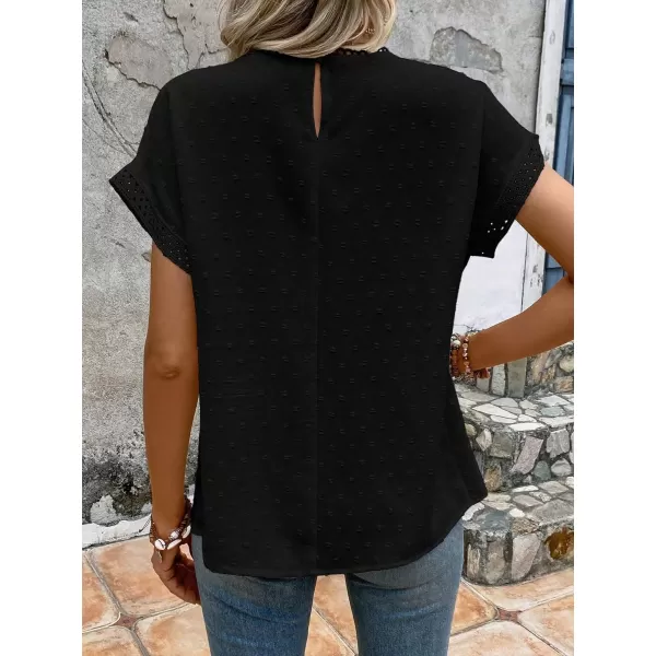 SweatyRocks Women's Casual Short Sleeve Summer Top Round Neck Lace Crochet Blouse Swiss Dots Blouse Tops