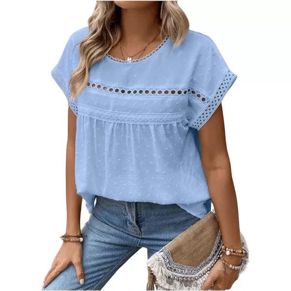 SweatyRocks Women's Casual Short Sleeve Summer Top Round Neck Lace Crochet Blouse Swiss Dots Blouse Tops
