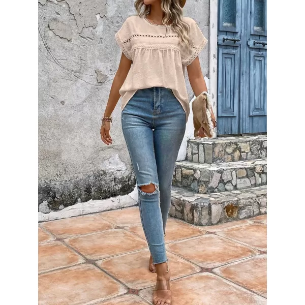 SweatyRocks Women's Casual Short Sleeve Summer Top Round Neck Lace Crochet Blouse Swiss Dots Blouse Tops