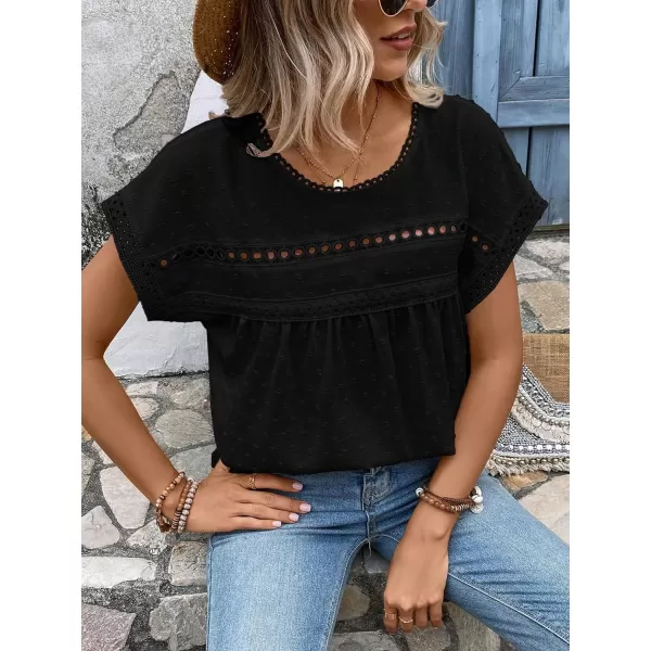 SweatyRocks Women's Casual Short Sleeve Summer Top Round Neck Lace Crochet Blouse Swiss Dots Blouse Tops