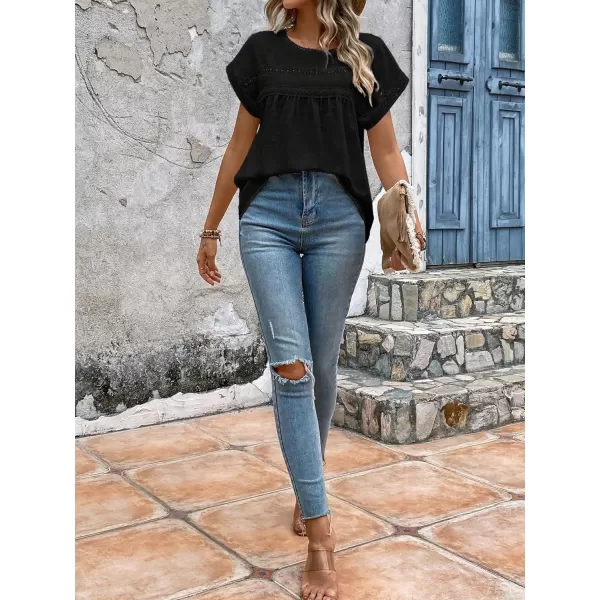 SweatyRocks Women's Casual Short Sleeve Summer Top Round Neck Lace Crochet Blouse Swiss Dots Blouse Tops