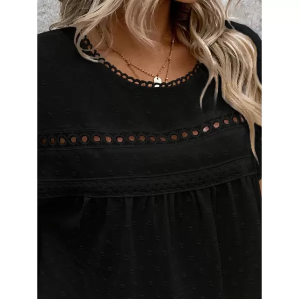 SweatyRocks Women's Casual Short Sleeve Summer Top Round Neck Lace Crochet Blouse Swiss Dots Blouse Tops