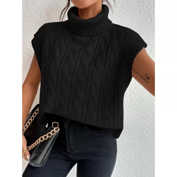 SweatyRocks Women's Casual Sleeveless Turtle Neck Sweater Vest Cable Knitted Solid Crop Tank Top