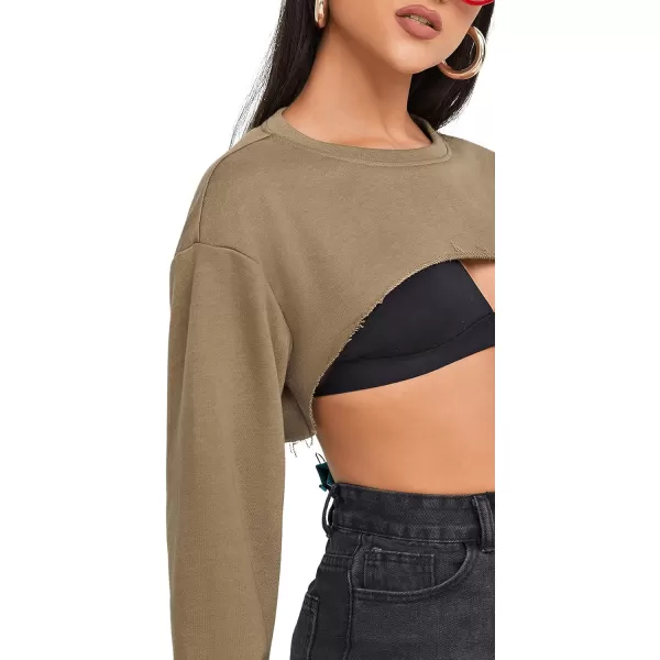 SweatyRocks Women's Casual Solid Cut Out Front Long Sleeve Pullover Crop Top Sweatshirt