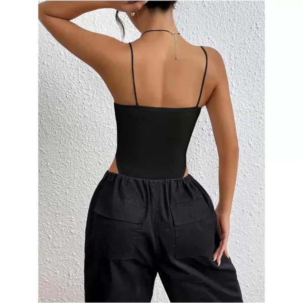 SweatyRocks Women's Casual Spaghetti Strap Backless High Cut Solid Cami Bodysuit