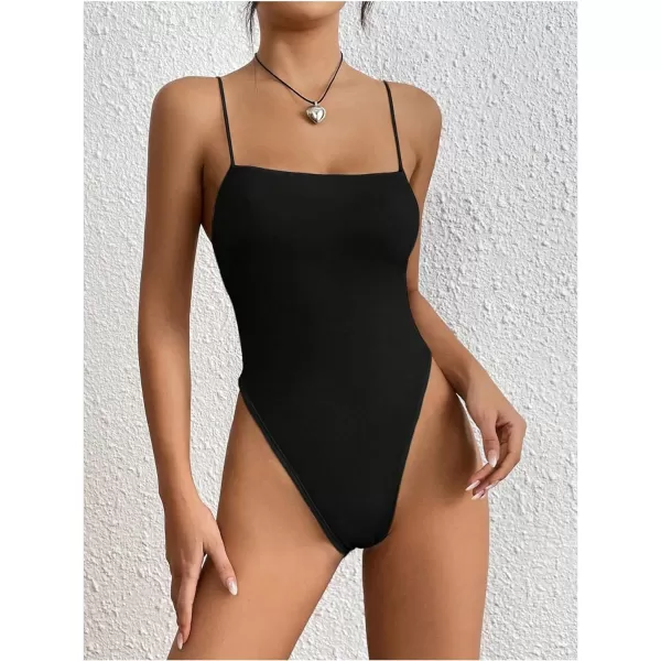 SweatyRocks Women's Casual Spaghetti Strap Backless High Cut Solid Cami Bodysuit