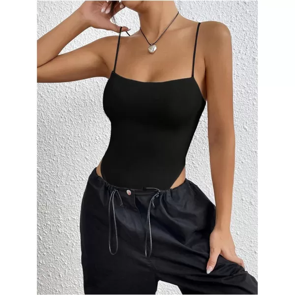 SweatyRocks Women's Casual Spaghetti Strap Backless High Cut Solid Cami Bodysuit
