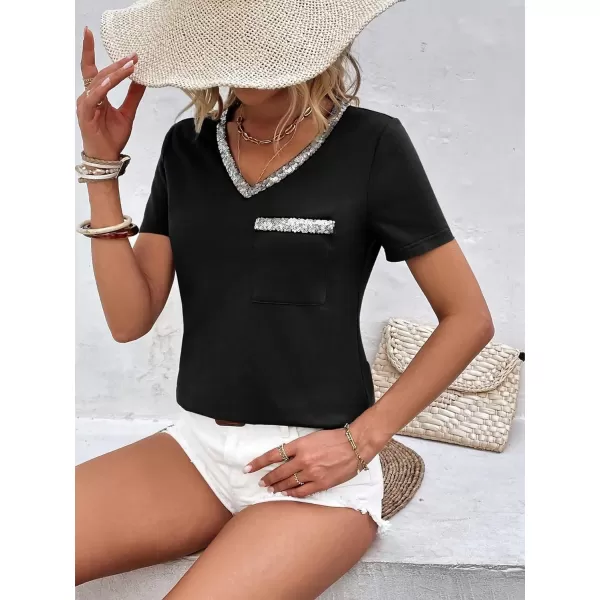 SweatyRocks Women's Casual Sparkle Sequin V Neck Tee Shirt Short Sleeve Tee Tops with Pocket