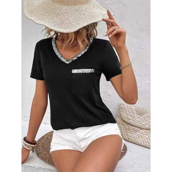 SweatyRocks Women's Casual Sparkle Sequin V Neck Tee Shirt Short Sleeve Tee Tops with Pocket